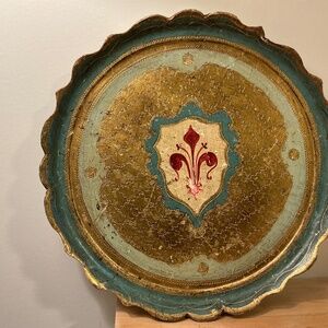 Vintage Florentine Tray Blue Green tones, Gold 12 inches diameter